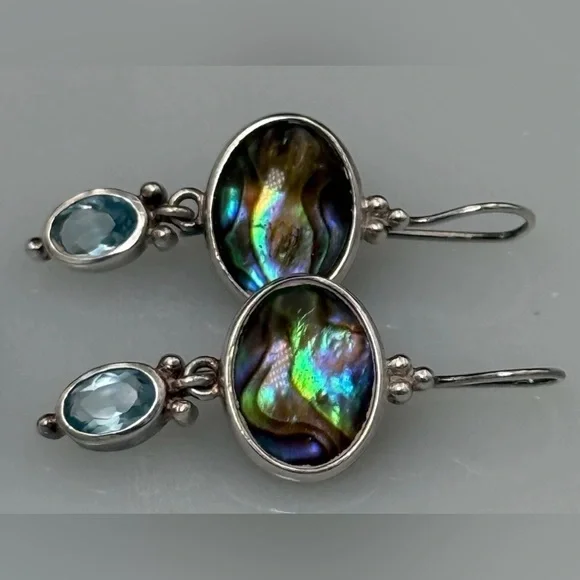 Sterling Silver 925 Abalone Blue Topaz Dangle Earrings French Wire 1.25" L - Picture 6 of 8